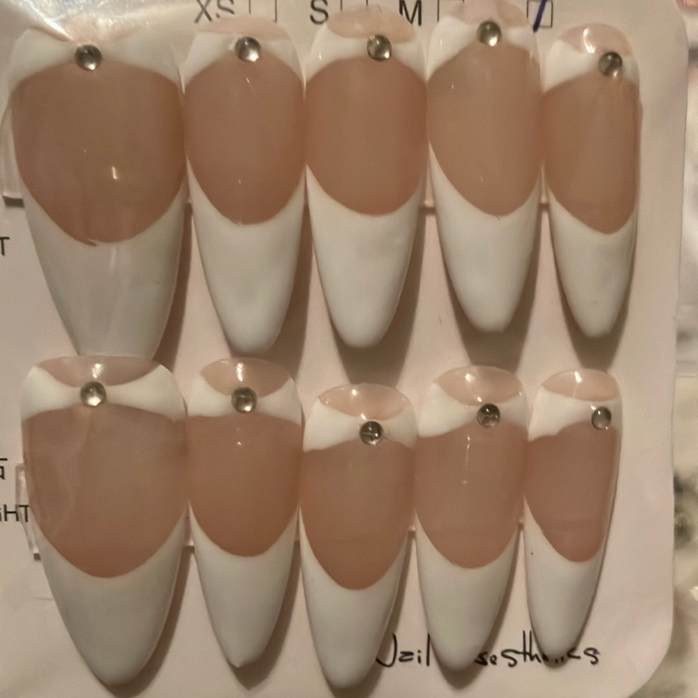 White and Nude Press-On Nails with Rhinestones